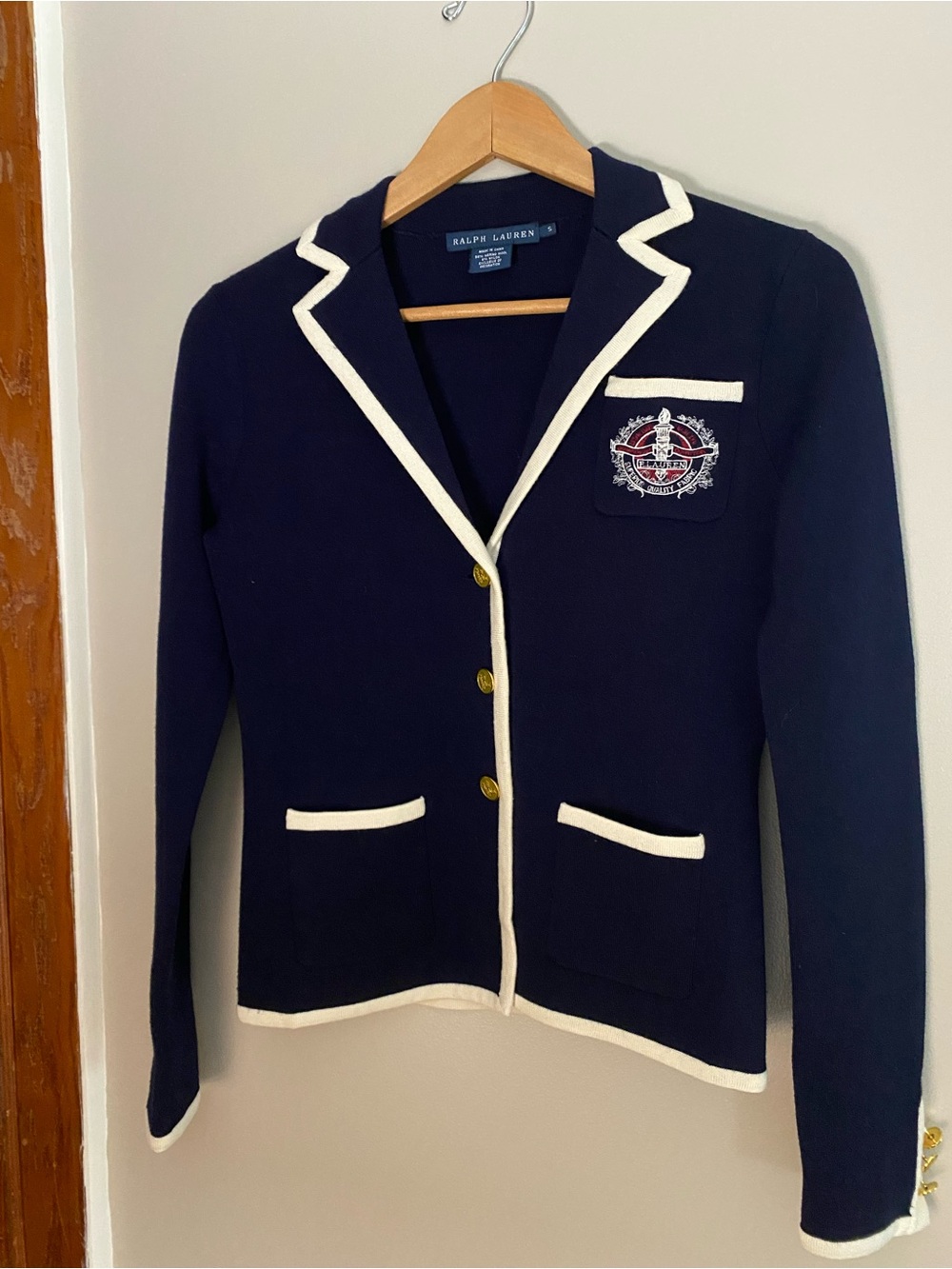 Ralph Lauren Navy Merino Wool Blazer with Cream Piping and Crest